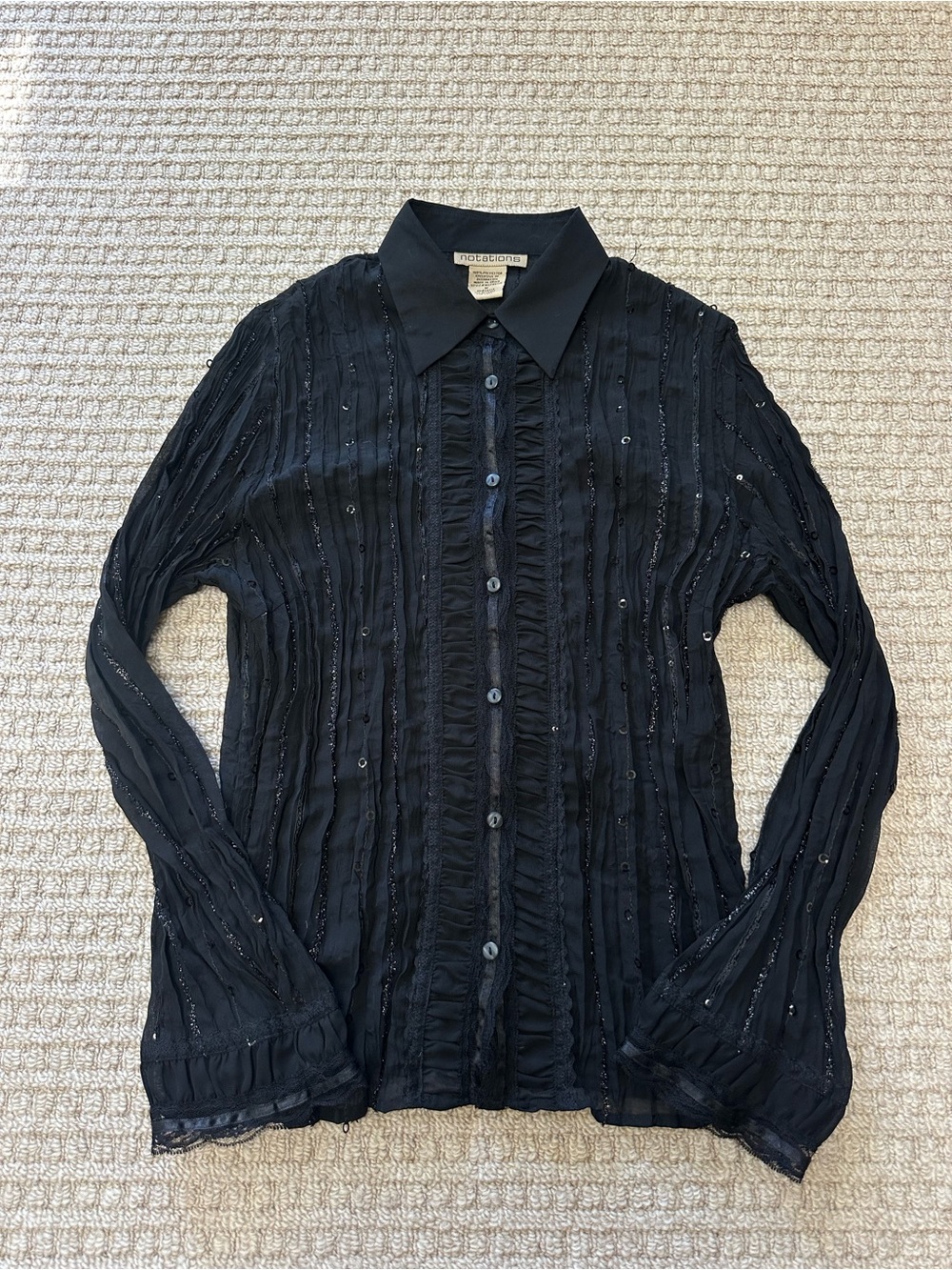 Notations Vintage 90s y2k Sheer Sequins Lace Black Button Down Shirt Sz M